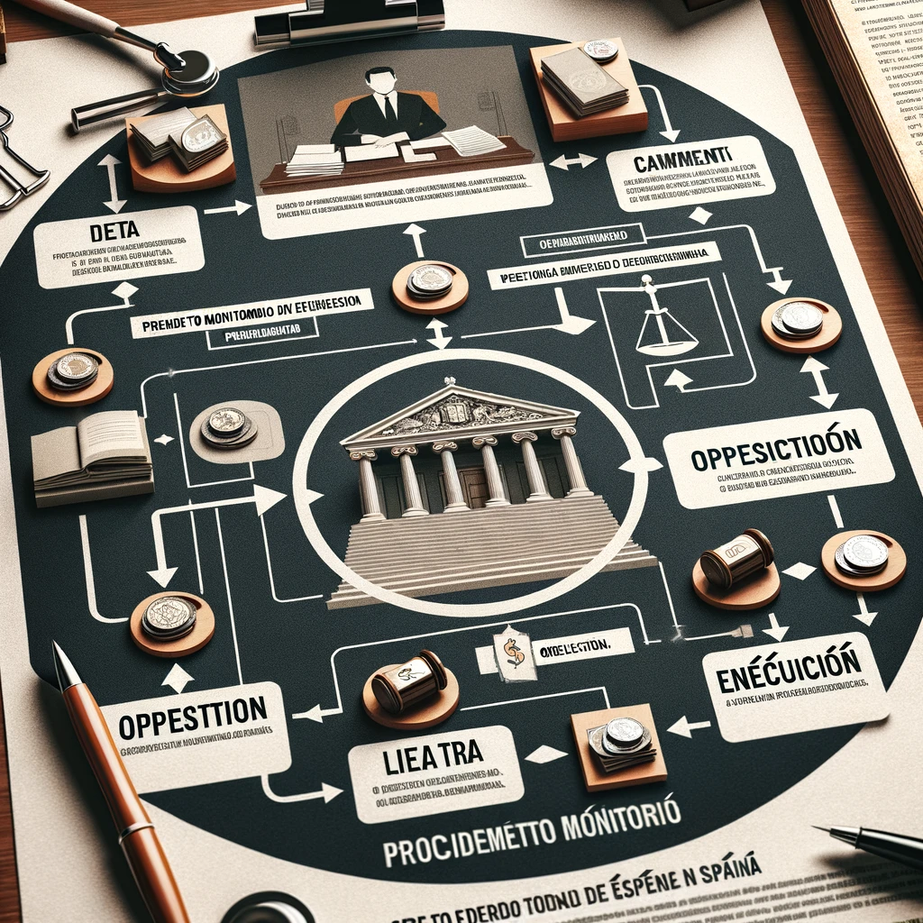 Diagrama de flujo del procedimiento monitorio en España, mostrando desde la petición inicial hasta la ejecución o juicio en caso de oposición.