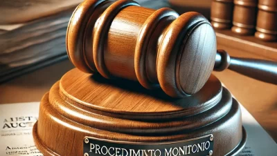 Martillo de subasta judicial simbolizando la fase de ejecución de la deuda en un procedimiento monitorio.
