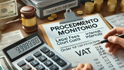 Calculadora, factura y documentos contables sobre una mesa, representando los costes e impuestos asociados al monitorio.