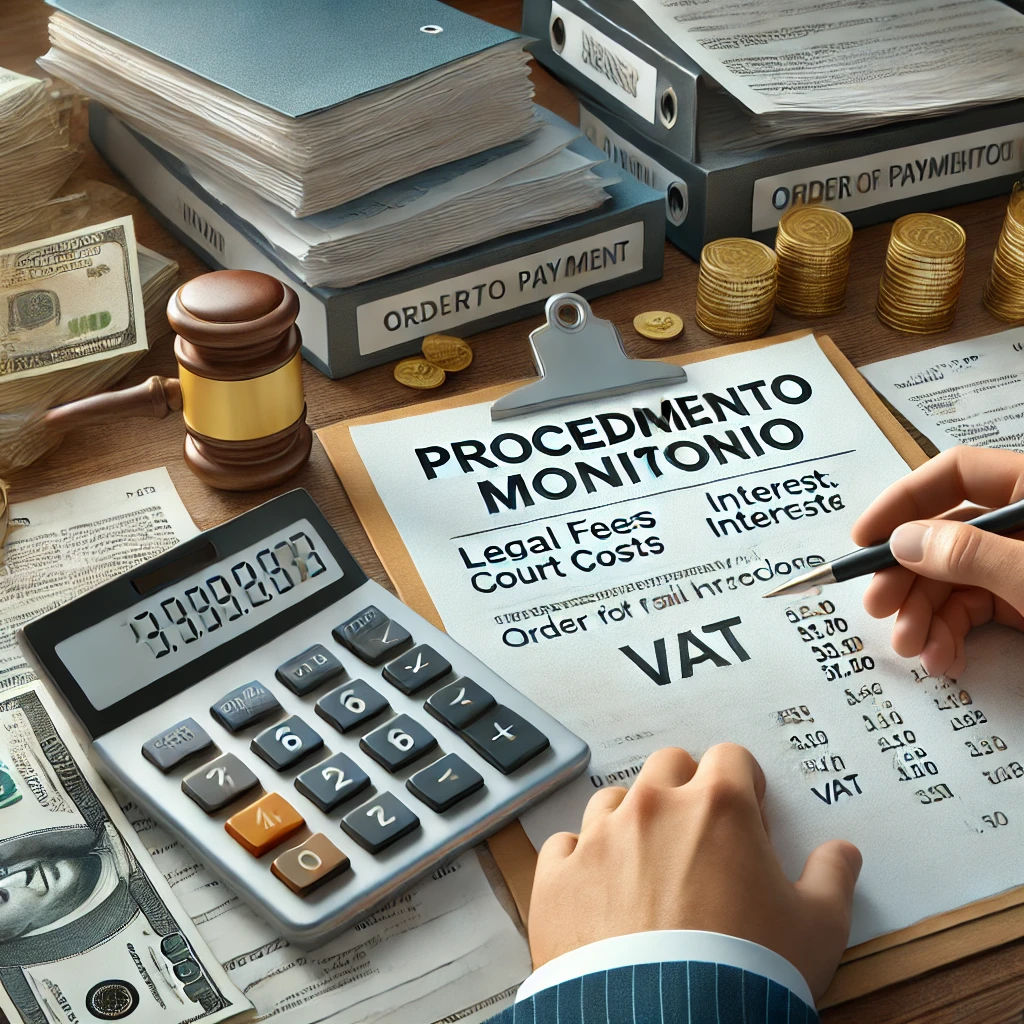 Calculadora, factura y documentos contables sobre una mesa, representando los costes e impuestos asociados al monitorio.