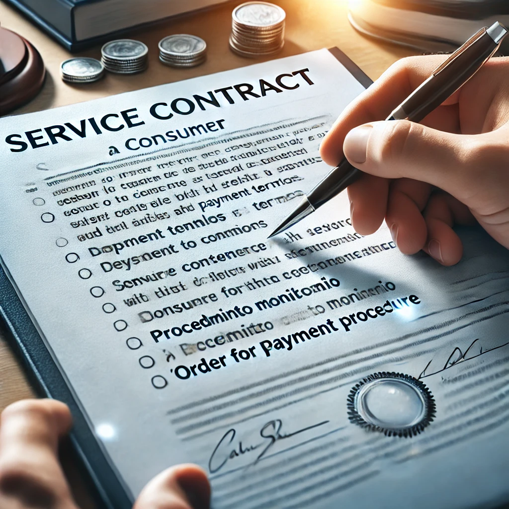 Contrato de servicios con un consumidor destacando términos y condiciones.