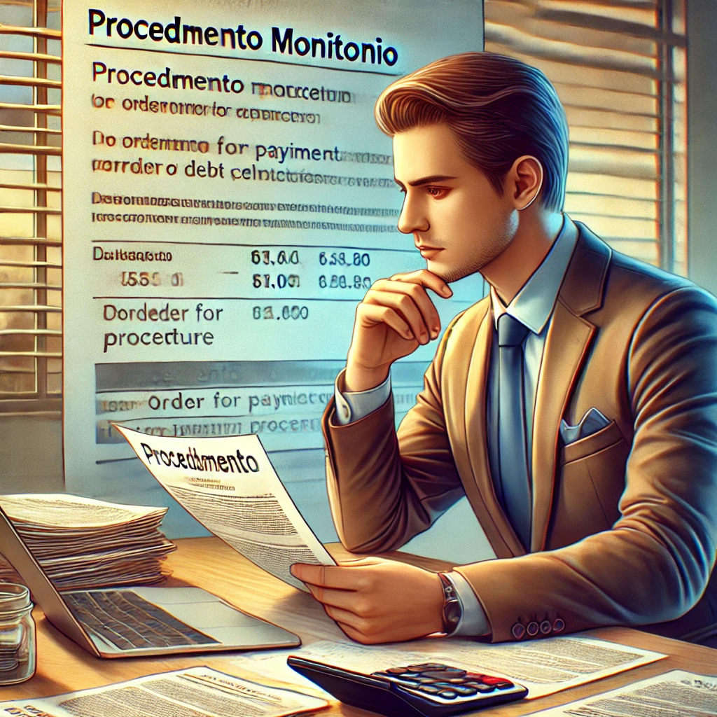 Empresario revisando facturas impagadas, simbolizando la vía del procedimiento monitorio para empresas.