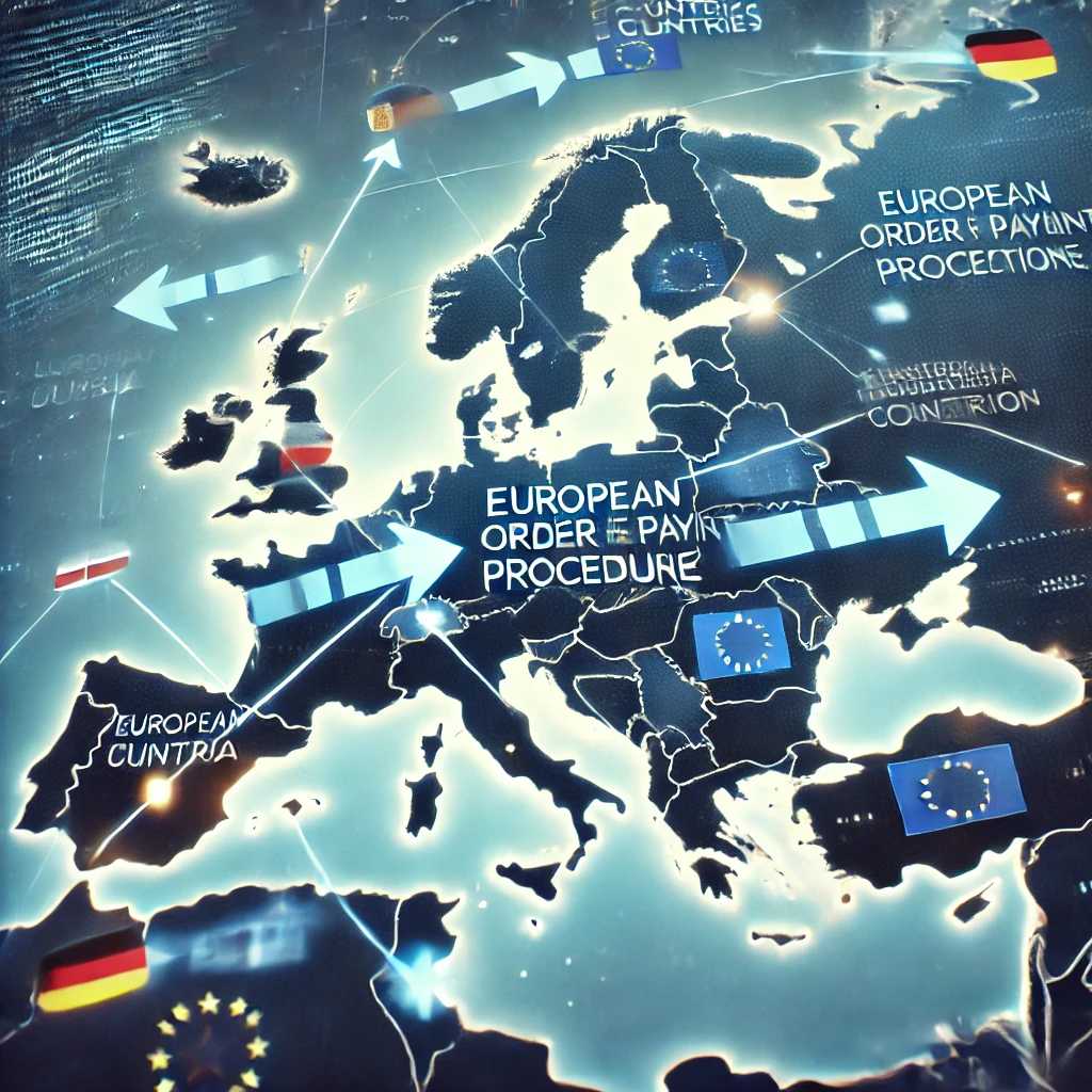 Mapa de la Unión Europea con flechas que simbolizan el cobro de deudas transfronterizas mediante el monitorio europeo