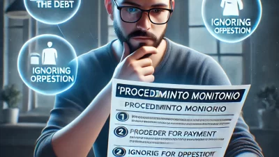 Ilustración de un deudor recibiendo la notificación de un procedimiento monitorio y eligiendo entre pagar, ignorar u oponerse.