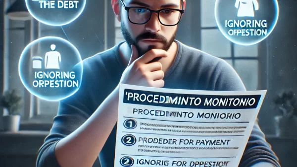 Ilustración de un deudor recibiendo la notificación de un procedimiento monitorio y eligiendo entre pagar, ignorar u oponerse.