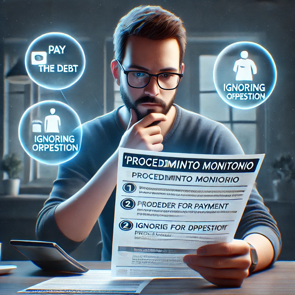 Ilustración de un deudor recibiendo la notificación de un procedimiento monitorio y eligiendo entre pagar, ignorar u oponerse.