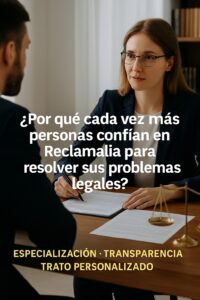 Abogada reunida con cliente en despacho, conversando sobre documentos legales, con texto que destaca la confianza en Reclamalia por su especialización, transparencia y trato personalizado.