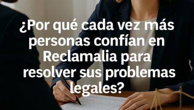 Abogada reunida con cliente en despacho, conversando sobre documentos legales, con texto que destaca la confianza en Reclamalia por su especialización, transparencia y trato personalizado.