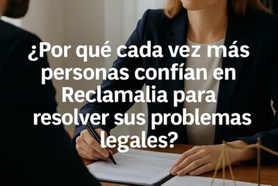 Abogada reunida con cliente en despacho, conversando sobre documentos legales, con texto que destaca la confianza en Reclamalia por su especialización, transparencia y trato personalizado.